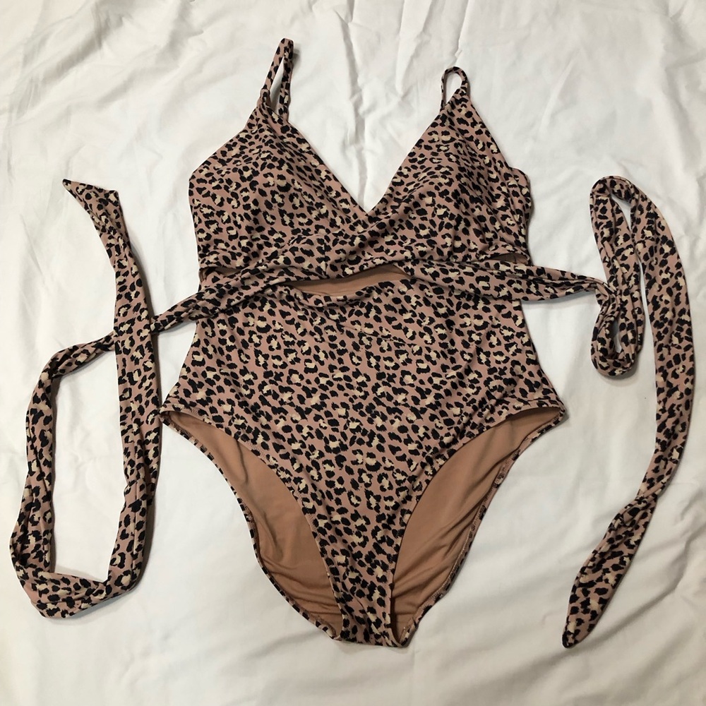 Aerie Leopard Print Wrap One Piece Swimsuit